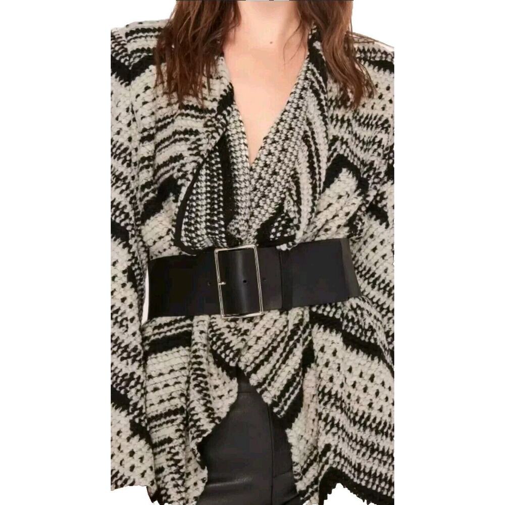 ba&sh Women's Long Asymmetric Ruffle Chunky Black/Cream Cardigan Size 4 Small